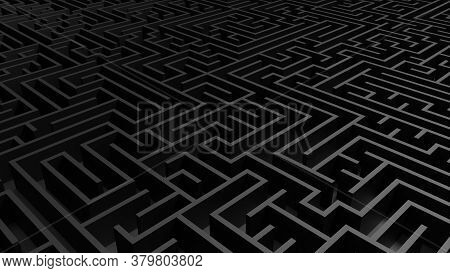 Huge Black Grey Maze. Сhoices And Challenge Theme. Сomplex Way To Find Exit, Business Concept Or Edu