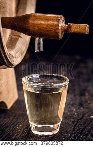 Small Dose Glasses, High Quality Distilled Alcohol. Brazilian Cachaça (called Pinga), Dripping, With
