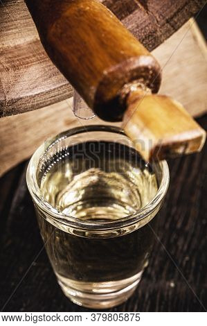 Small Dose Glasses, High Quality Distilled Alcohol. Brazilian Cachaça (called Pinga), Dripping, With