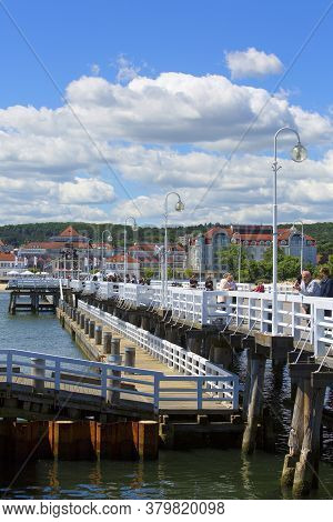 Sopot, Poland - June 6, 2018: Wooden Sopot Pier In Sunny Day. It Is The Longest Wooden Pier In Europ