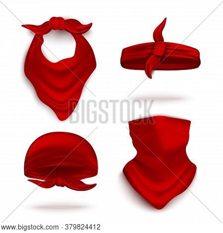 Red Bandana On Neck And Head Set, Realistic Vector Illustration Mockup Isolated.