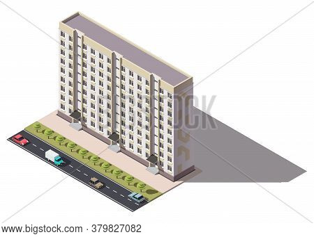 Public Residential Nine-storey Building Isometry. Isometric View Of The House And Cars. 3d Object Fo