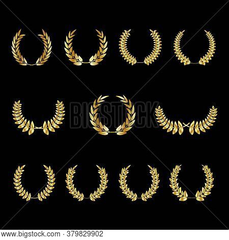 Set Of Gold Award Laurel Wreaths And Branches On Dark Background, Vector Illustration Depicting An A