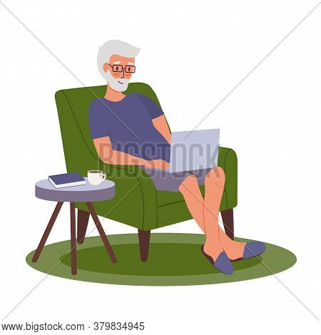 Young Adult Man Works Remotely Home. Cartoon Freelancer With Laptop Is Sitting In Chair. Remote Work