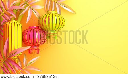Yellow Bamboo, Traditional Chinese Lanterns Lampion, Copy Space Text. Design Creative Concept Of Chi