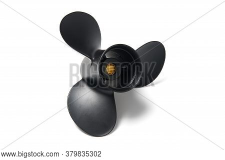 New Black Screw From A Motor Boat. Three-bladed Propeller. Isolated Over White Background.