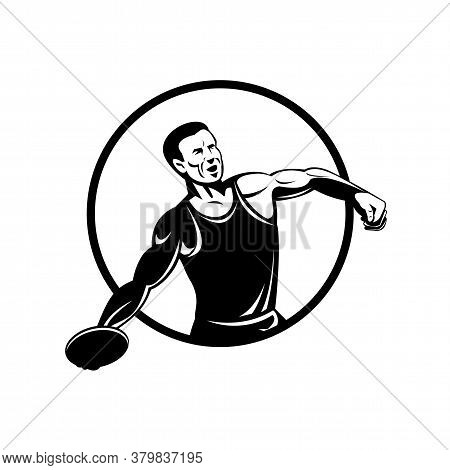 Retro Style Illustration Of A Discus Throw Or Disc Throw, A Track And Field Event In Which An Athlet