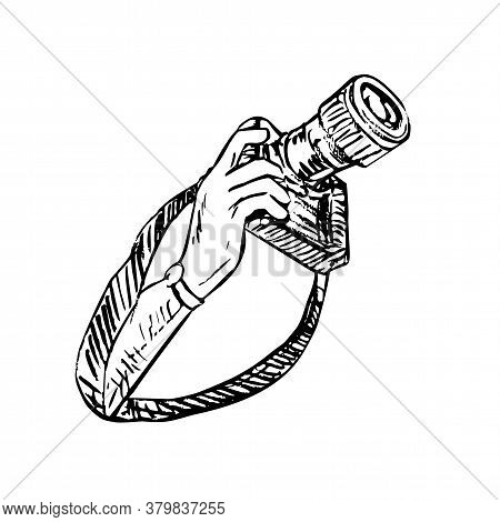 Scratchboard Style Illustration Of A Hand Holding Up A Dslr Camera With Strap On Isolated Background