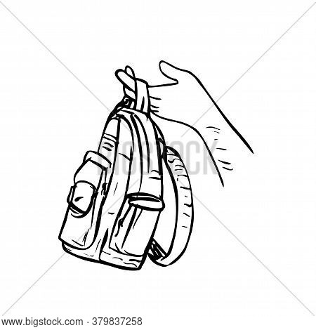 Scratchboard Style Illustration Of A Hand Holding Giving Away A Knapsack, Backpack, Carry Bag Or Bag
