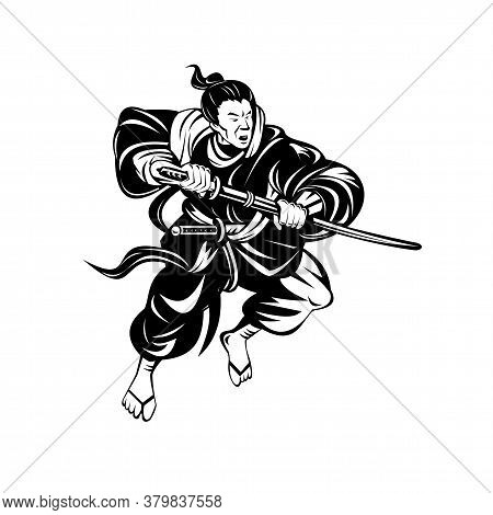 Retro Woodcut Style Illustration Of A Samurai Wariror, The Military Nobility And Officer Caste Of Me