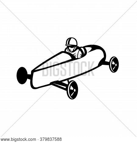 Retro Black And White Style Illustration Of A Soap Box Derby Or Soapbox Car Racer Racing In Competit