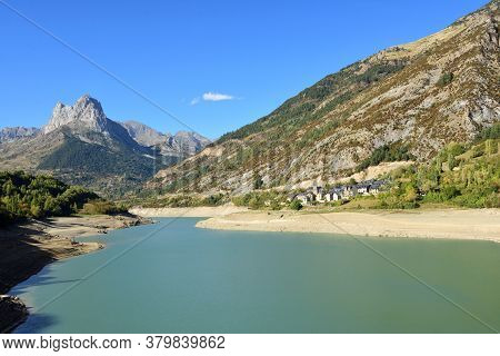 View Of The Bubal Dam And The Village Of Hoz In Jaca, Huesca Province, Aragon, Spain