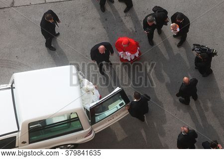 ZAGREB, CROATIA - JULY 13, 2011: Cardinal Josip Bozanic welcomes Pope Benedict in front of the Zagreb Cathedral