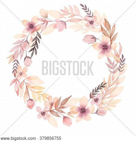 Delicate Flower Watercolor Wreath Fisolated On White