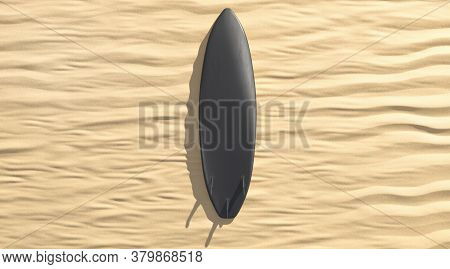 Blank Black Surfboard With Fins Lying On Sand Mock Up, 3d Rendering. Empty Surfing Shortboard On Pla