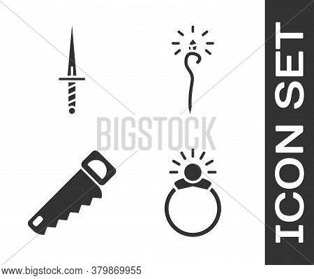 Set Magic Stone Ring With Gem, Dagger, Hand Saw And Magic Staff Icon. Vector