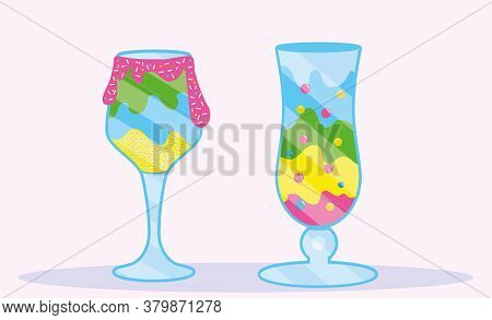 Set Of Two Tropical Alcohol Cocktails In Glass. Colorful Bar Drinks With Topping, Chia Seeds And Can