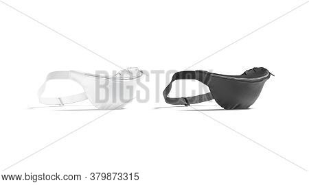 Blank Black And White Waist Bag Mockup Stand, Side View, 3d Rendering. Empty Casual Bumbag With Zipp