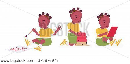 Toddler Child, Black Little Girl Enjoying Drawing, Sand Game, Device Watching. Cute Sweet Happy Heal