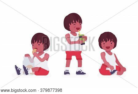 Toddler Child, Black Little Boy Enjoying Eating Cookies, Drinking. Cute Sweet Happy Healthy Baby Age