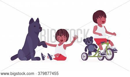 Toddler Child, Black Little Boy Enjoying Play With Dog Pet, Riding Tricycle. Cute Sweet Happy Health