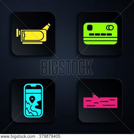 Set Wooden Log, Cinema Camera, City Map Navigation And Credit Card. Black Square Button. Vector