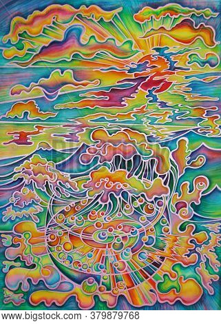 Ocean Waves And Beautiful Sunset On The Background Are Reflected In Glass Of Water. Decorative Color