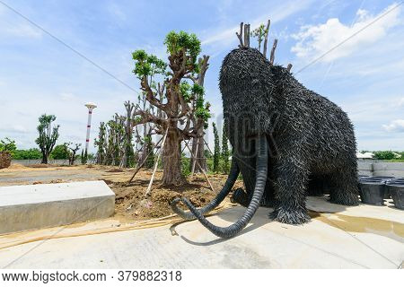 Nakhonpathom , Thailand -  6  August, 2020 : Big Mammoth Model Recycle Made From Old Car Tire In  Ca