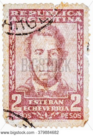 Argentina - Circa 1957: A Stamp Printed In The Argentina, Shows Esteban Echeverria Overprint Servici