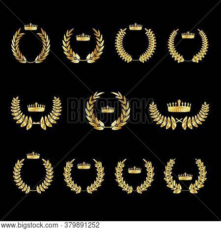 Set Of Gold Award Laurel Wreaths With Royal Crown And Branches On Dark Background, Vector Illustrati