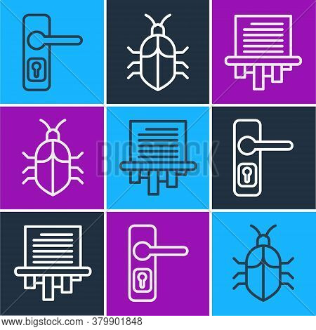Set Line Door Handle, Paper Shredder And System Bug Concept Icon. Vector