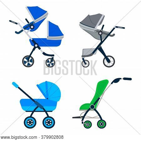 Stroller Icon Vector Set. Blue, Green, Grey Carriage For Baby Isolated On White Color. Carrycot Newb