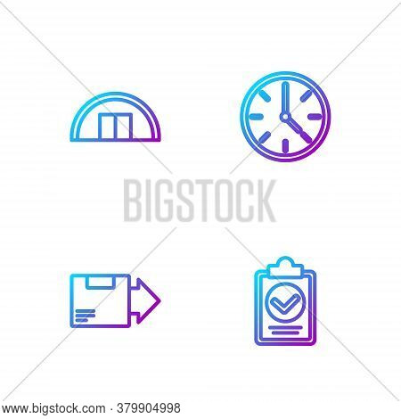 Set Line Verification Of Delivery List Clipboard, Carton Cardboard Box, Warehouse And Clock. Gradien