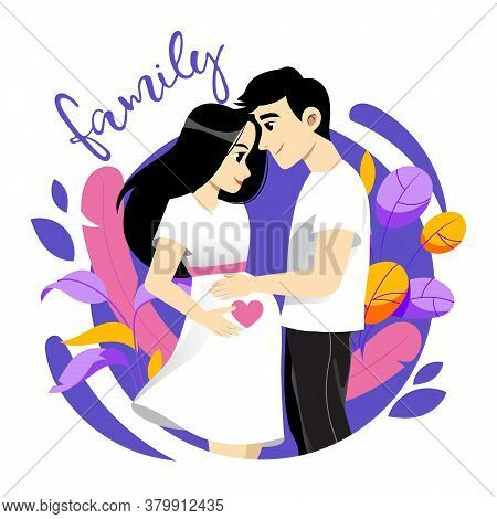 Happy Smiling Adult Couple Of Male And Pregnant Female Characters. Man Holds Expactant Woman. Colorf
