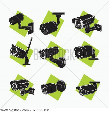 Silhouette Cctv Set Icon - Indoor Cctv, Outdoor Cctv, Wireless Cctv With Antenna - Tube, Square Shap