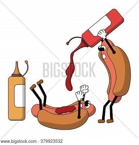 Two Cartoon Funny Hot Dogs With Ketchup And Mustard. White Background Isolated Stock Vector Illustra