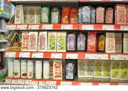 Finland, Lappeenranta, 02,12,2014 Packing Of Tea On Supermarket Shelves