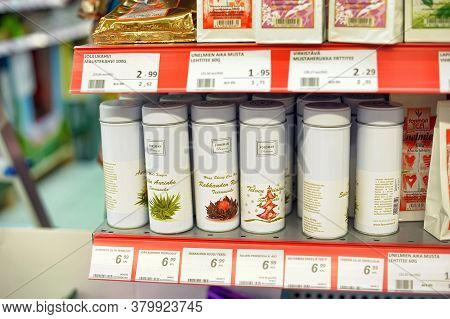 Finland, Lappeenranta, 02,12,2014 Packing Of Tea On Supermarket Shelves