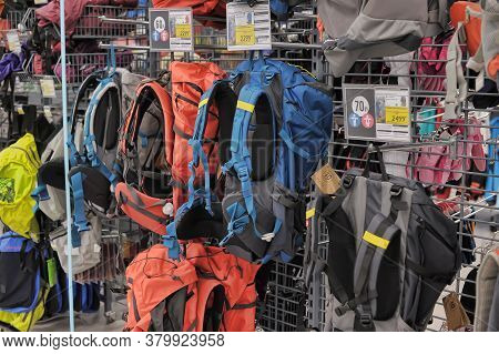 Russia, St. Petersburg 03,04,2014 Travel Backpacks In The Sports Shop