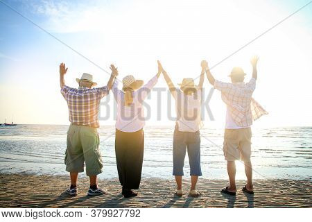 Asian Elderly Groups Live A Happy Life After Retirement. Elderly Community Concept. Take Care Of You