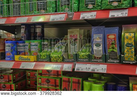 Finland, Imatra 23,12,2016 Packaging Of Tea On The Shelf In The Supermarket
