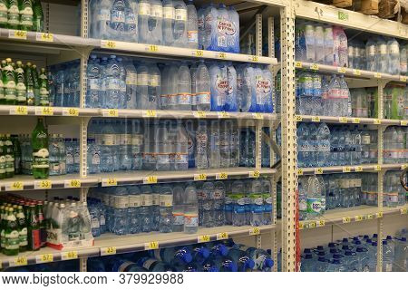 Russia, St. Petersburg, 20,11,2016 Water On Supermarket Shelves