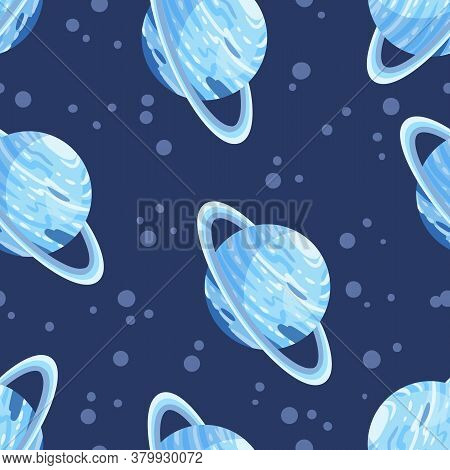 Uranus Abstract Seamless Space Pattern Background With Planets With Rings. Solar System Planets Chil