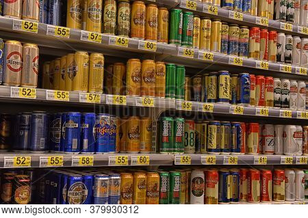 Russia, St. Petersburg, 15,08,2017 Beer In Banks In The Supermarket
