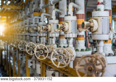 Piping And Valve System On Offshore Oil And Gas Wellhead Remote Platform, Globe Valve At Downstream 