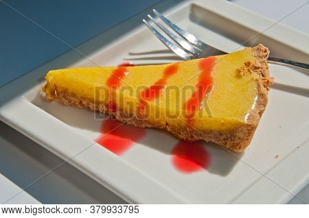 Delicious Yummy Light Sour Lemon Crispy Cake In White Square Platre And Silver Fork