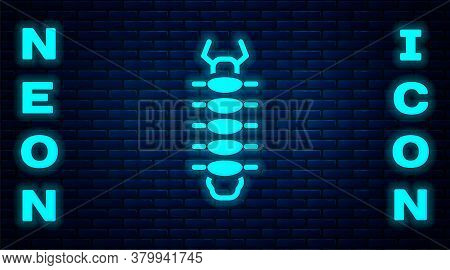 Glowing Neon Centipede Insect Icon Isolated On Brick Wall Background. Vector
