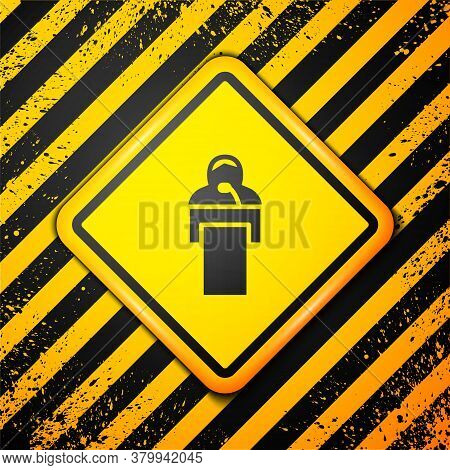 Black Gives Lecture Icon Isolated On Yellow Background. Stand Near Podium. Speak Into Microphone. Th
