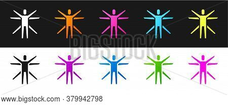 Set Vitruvian Man By Leonardo Da Vinci Icon Isolated On Black And White Background. Human Anatomy. V