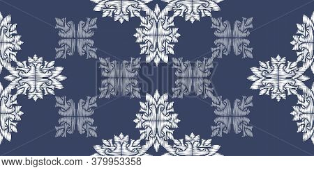 Uzbek Ikat Silk Fabric Pattern, Motif Ethnic Indigo Blue And White Colors. Tite Repit Pattern